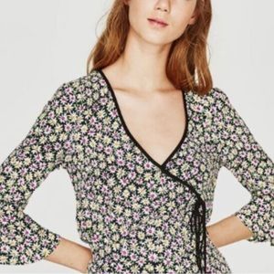 Zara Black and Pink Wrap Blouse with V-Neck